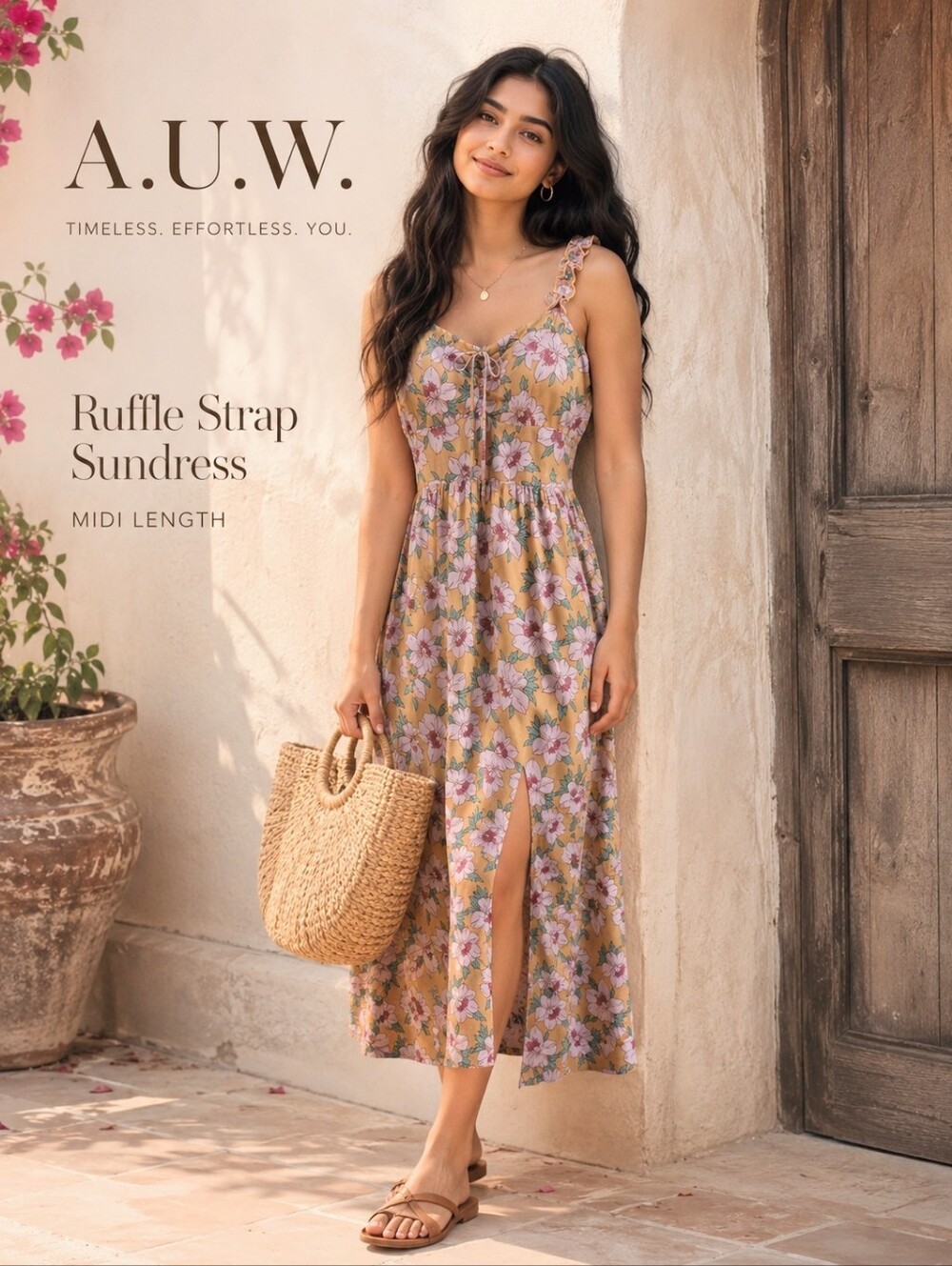 AUW Floral Ruffle strap Midi dress  Orchre / Mauve print Elastic back Sz M